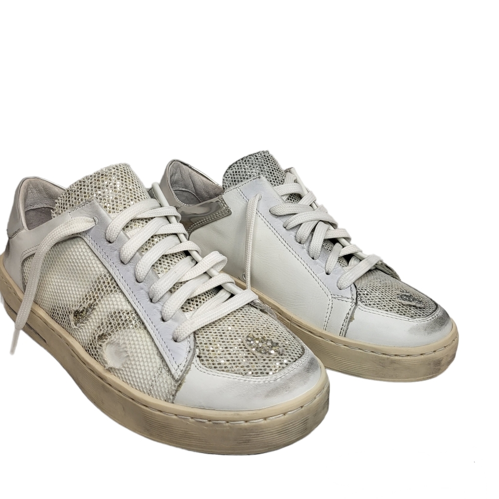 Piranha white distressed leather sneaker silver/ mesh/ glitter details Sz 5